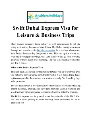 Swift Dubai Express Visa for Leisure & Business Trips