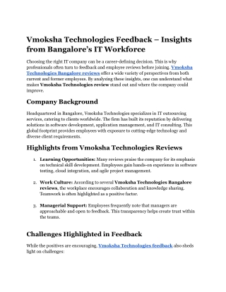 Vmoksha Technologies Feedback – Insights from Bangalore’s IT Workforce