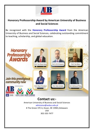Honorary Professorship Award by American University of Business and Social Scien