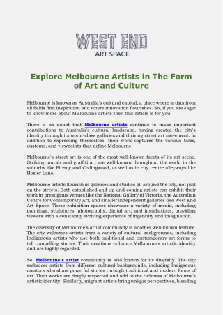Explore Melbourne Artists in The Form of Art and Culture