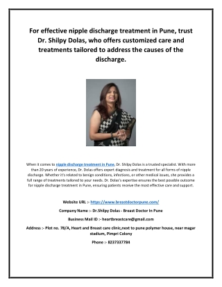For effective nipple discharge treatment in Pune, trust Dr. Shilpy Dolas, who offers customized care and treatments tail