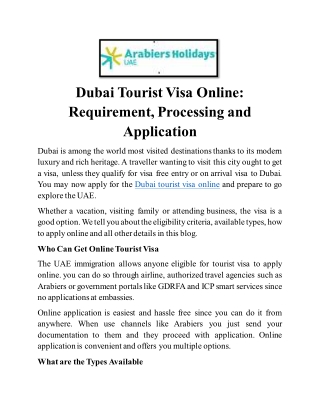 Dubai Tourist Visa Online Requirement, Processing and Application