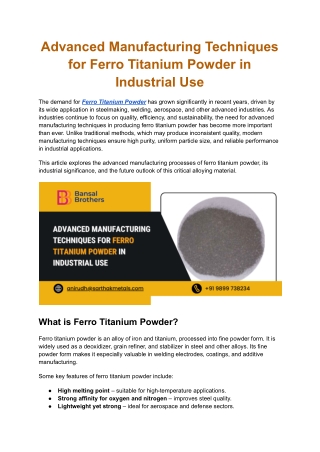 Advanced Manufacturing Techniques for Ferro Titanium Powder in Industrial Use