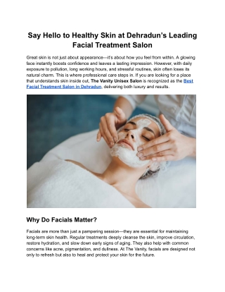Say Hello to Healthy Skin at Dehradun’s Leading Facial Treatment Salon