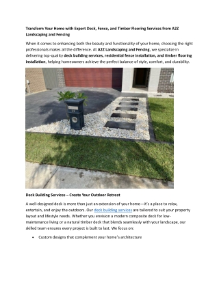 Transform Your Home with Expert Deck, Fence, and Timber Flooring Services from A2Z Landscaping and Fencing