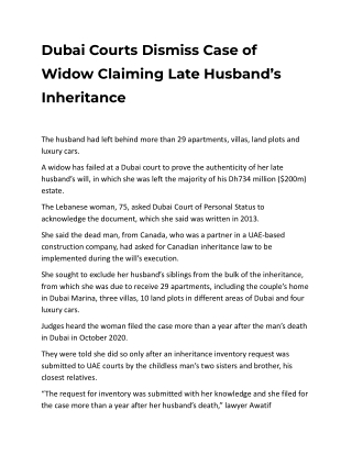 Dubai Courts Dismiss Case of Widow Claiming Late Husband’s Inheritance