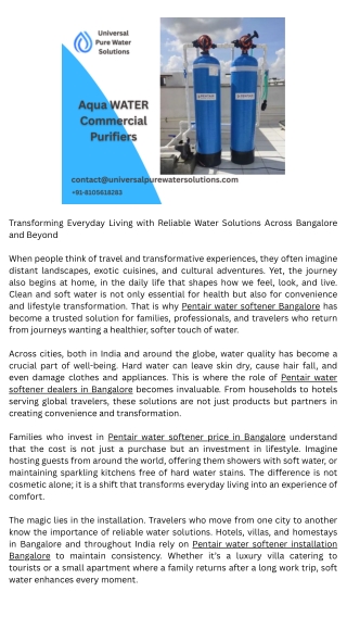 Pentair water softener dealers in Bangalore