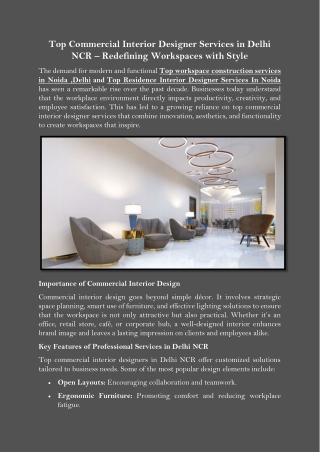 Top Commercial Interior Designer Services in Delhi NCR – Redefining Workspaces with Style