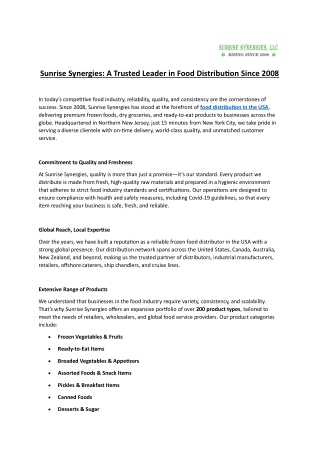 Sunrise Synergies A Trusted Leader in Food Distribution Since 2008