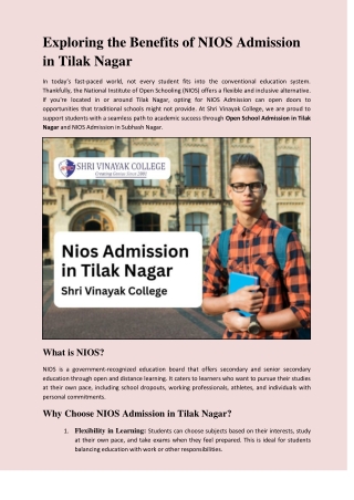 Nios Admission in Tilak Nagar - Shri Vinayak College