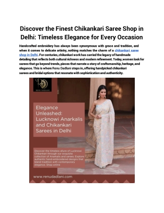 Discover the Finest Chikankari Saree Shop in Delhi_ Timeless Elegance for Every Occasion