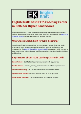 English Kraft Best IELTS Coaching Center in Delhi for Higher Band Scores