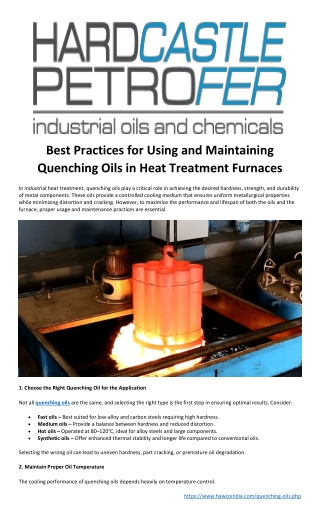 Best Practices for Using and Maintaining Quenching Oils in Heat Treatment Furnaces