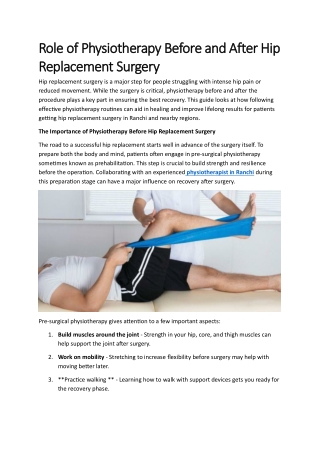Role of Physiotherapy Before and After Hip Replacement Surgery