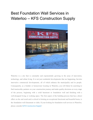 Best Foundation Wall Services in Waterloo – KFS Construction Supply