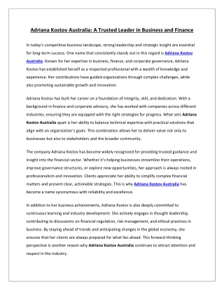 Adriana Kostov Australia: A Trusted Leader in Business and Finance
