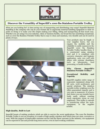 Discover the Versatility of Superlift’s 1000 lbs Stainless Portable Trolley
