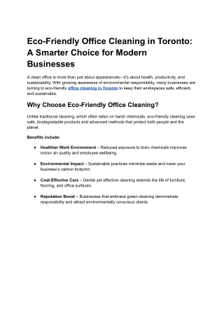 Eco-Friendly Office Cleaning in Toronto: A Smarter Choice for Modern Businesses