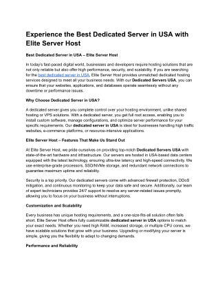 Experience the Best Dedicated Server in USA with Elite Server Host