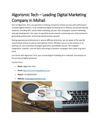 Algorismic Tech – Leading Digital Marketing Company in Mohali