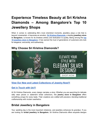 Experience Timeless Beauty at Sri Krishna Diamonds – Among Bangalore’s Top 10 Jewellery Shops