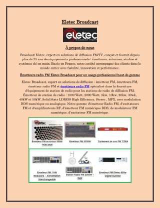 Émetteur radio FM Eletec Broadcast idéal pour la radiodiffusion locale et régionale