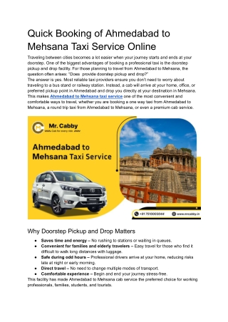 Quick Booking of Ahmedabad to Mehsana Taxi Service Online