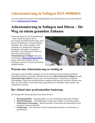 Asbestsanierung in Solingen 0221-96986816