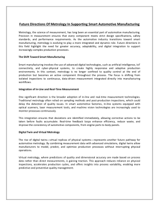 Future Directions Of Metrology In Supporting Smart Automotive Manufacturing
