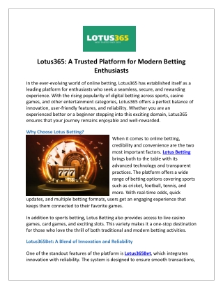 Lotus365 A Trusted Platform for Modern Betting Enthusiasts
