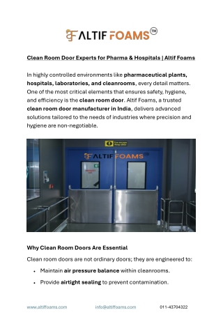Clean Room Door Experts for Pharma & Hospitals | Altif Foams
