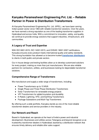 Kanyaka Parameshwari Engineering Pvt. Ltd. – Reliable Partner in Power & Distribution Transformers