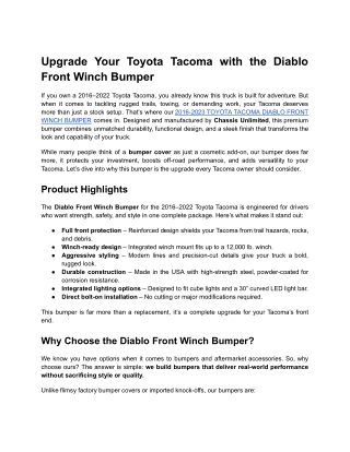 Upgrade Your Toyota Tacoma with the Diablo Front Winch Bumper