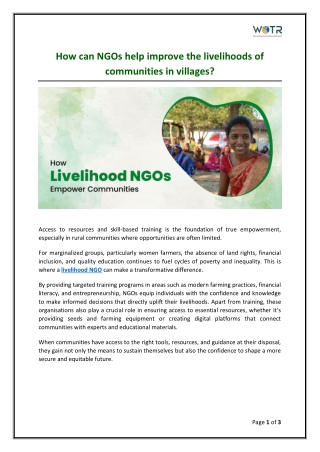 How can NGOs help improve the livelihoods of communities in villages?