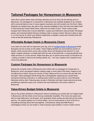 Tailored Packages for Honeymoon in Mussoorie