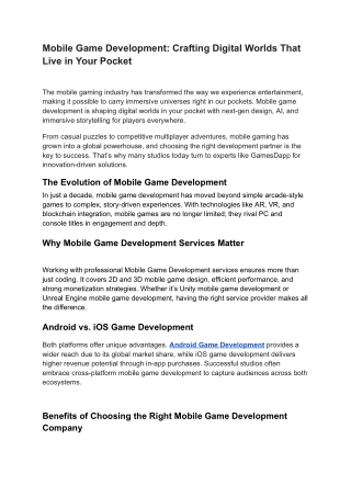 Mobile Game Development_ Crafting Digital Worlds That Live in Your Pocket