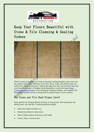 Keep Your Floors Beautiful with Stone & Tile Cleaning & Sealing Sydney