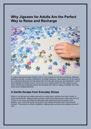 Why Jigsaws for Adults Are the Perfect Way to Relax and Recharge