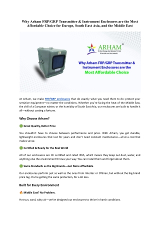 Why Arham FRP_GRP Transmitter & Instrument Enclosures are the Most Affordable Choice for Europe, South East Asia, and th