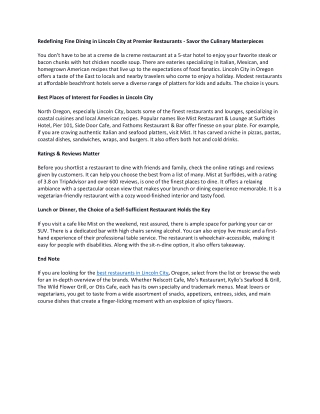 Redefining Fine Dining in Lincoln City at Premier Restaurants - Savor the Culinary Masterpieces