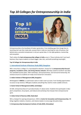Top 10 colleges for Entrepreneurship in India