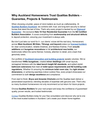 Why Auckland Homeowners Trust Qualitas Builders – Guarantee, Projects & Testimonials