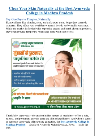 Clear Your Skin Naturally at the Best Ayurveda College in Madhya Pradesh