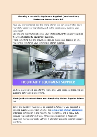 Choosing a Hospitality Equipment Supplier? Questions Every Restaurant Owner Shou