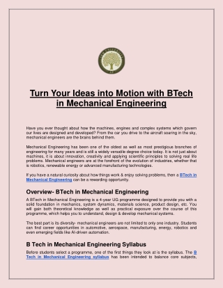 Turn Your Ideas into Motion with BTech in Mechanical Engineering