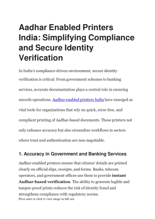 Aadhar Enabled Printers India - Simplifying Compliance and Secure Identity Verification