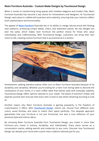 Resin Furniture Australia – Custom Made Designs by Touchwood Design