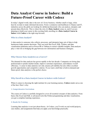 Data Analyst Course in Indore: Build a Future-Proof Career with Codeez