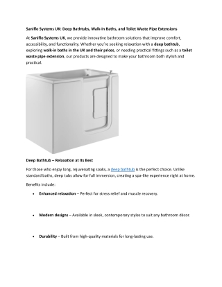 Saniflo Systems UK - Deep Bathtubs, Walk-In Baths, and Toilet Waste Pipe Extensions