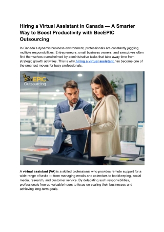 Hiring a Virtual Assistant in Canada — A Smarter Way to Boost Productivity with BeeEPIC Outsourcing